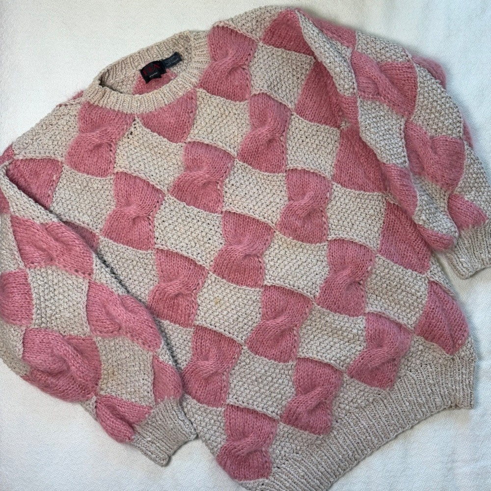 Vintage FIA Italia Mohair Blend Checkered Bow Cable Knit Sweater Pink Cream M